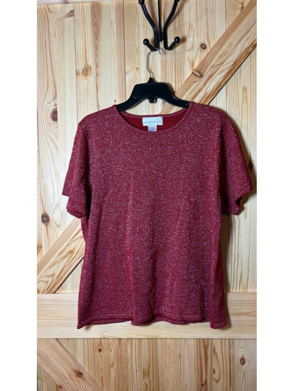 Susan Graver Red Metallic Knit Short Sleeve Sweater Top Size Large